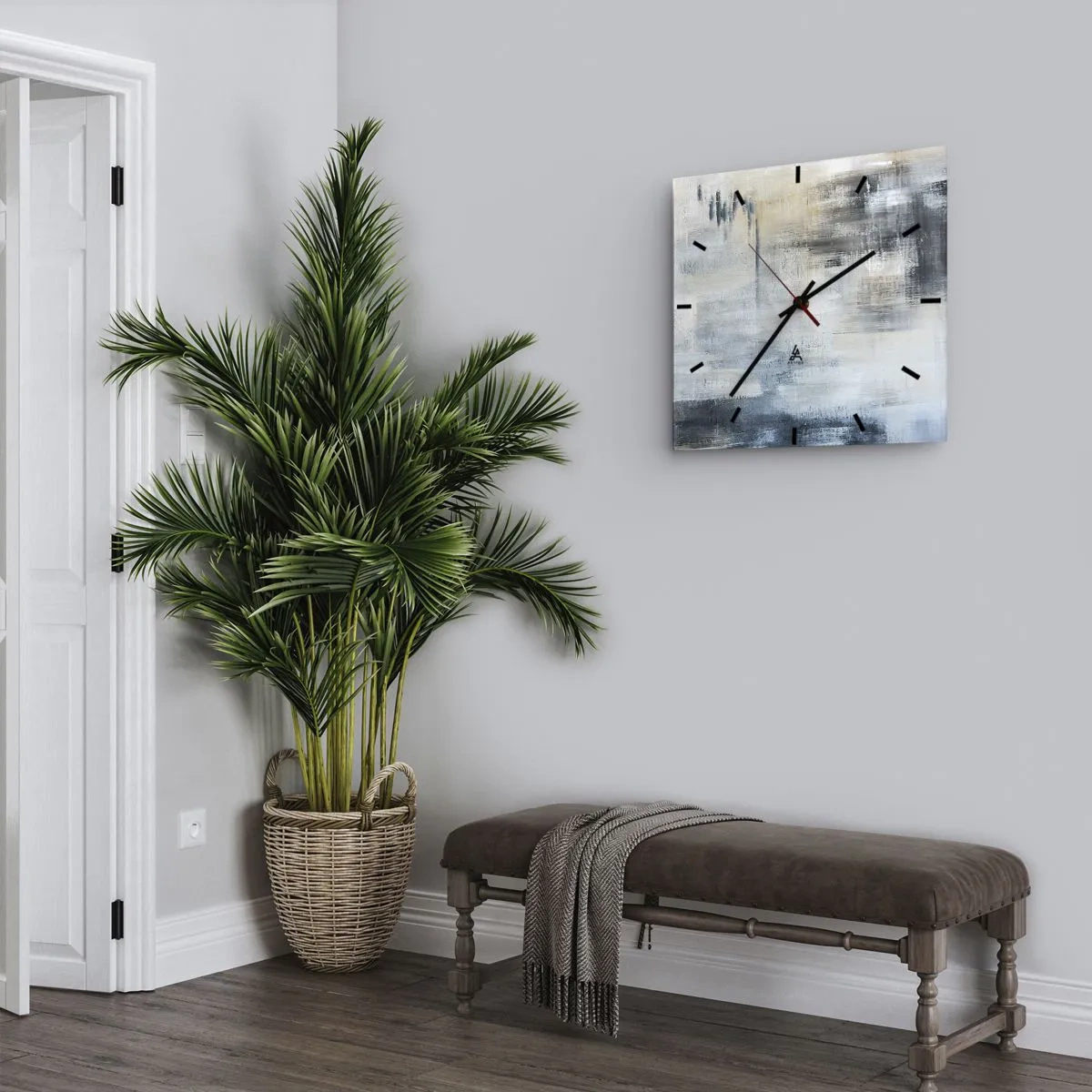 Zegar ścienny - Abstrakcyjna kompozycja w odcieniach błękitu i szarości - 30x30cm - Za zasłoną błękitu - Nowoczesna dekoracja ścienna do salonu i sypialni ARTTOR