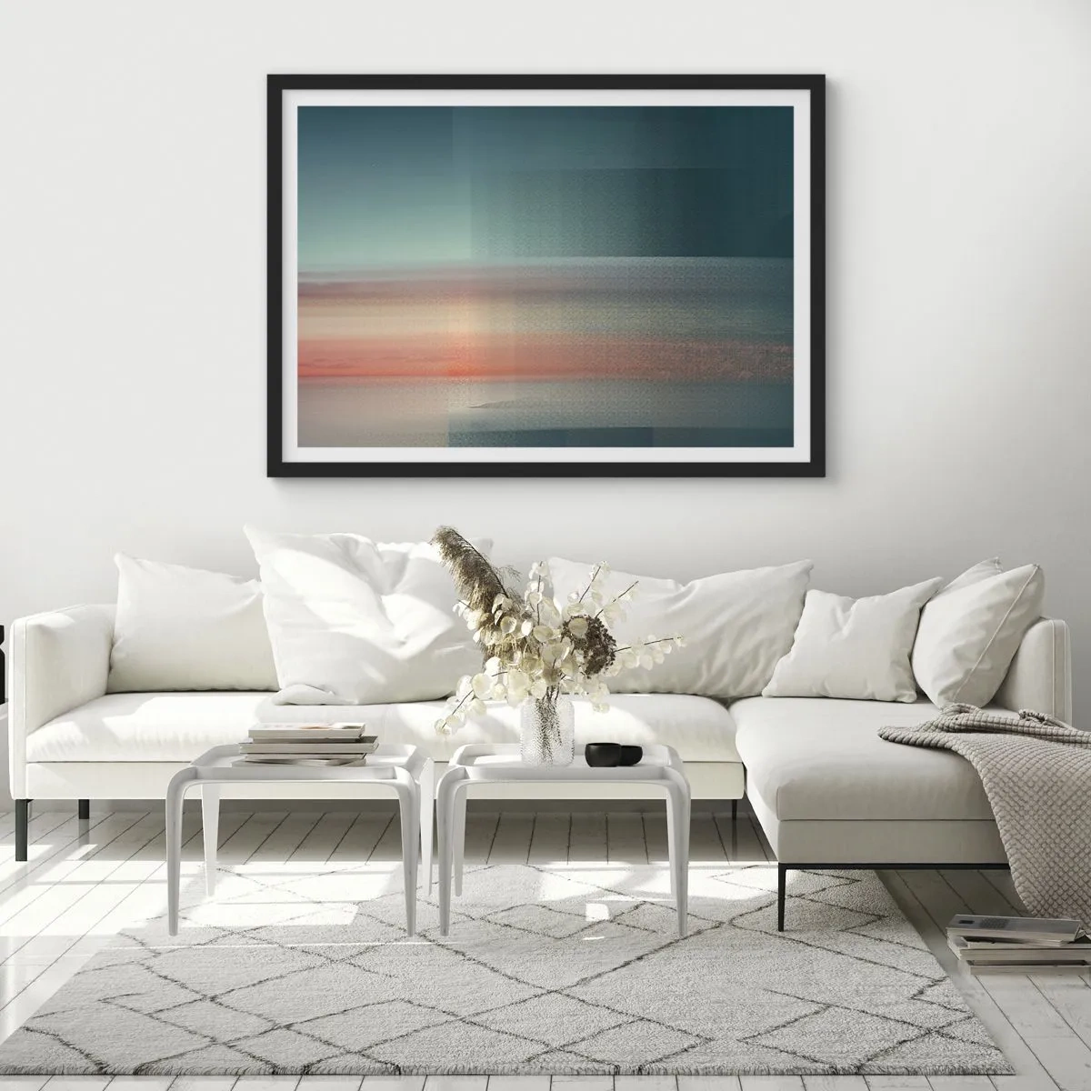 Plakat w czarnej ramie - Zachód słońca w pastelowych odcieniach nad spokojnym horyzontem - 70x50cm - Abstrakcja: fale światła - Nowoczesna dekoracja ścienna do salonu i sypialni ARTTOR