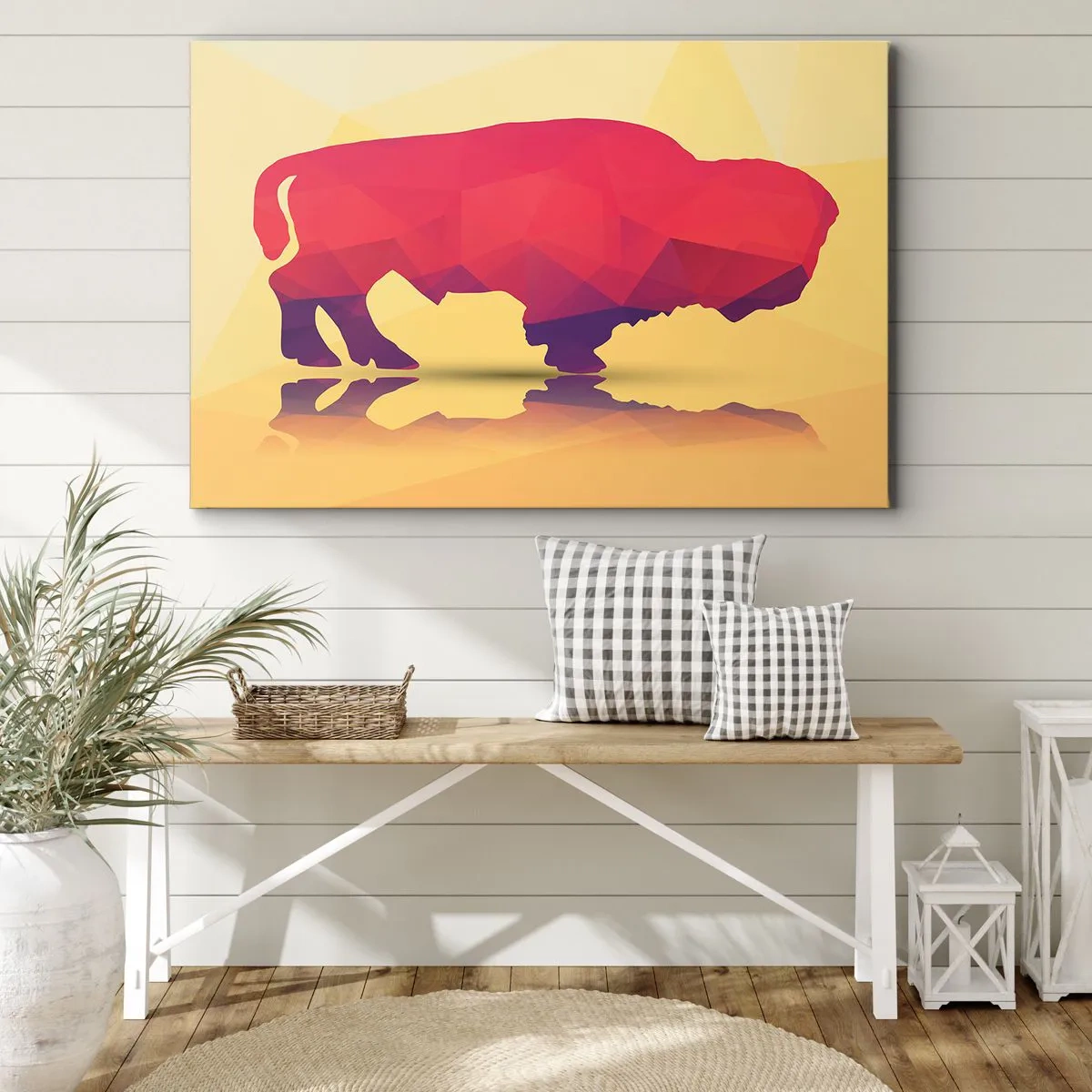 Obraz na płótnie - Geometryczna sylwetka bizona w odcieniach czerwieni i fioletu - 70x50cm - Amarantowa siła żubra - Nowoczesna dekoracja ścienna do salonu i sypialni ARTTOR