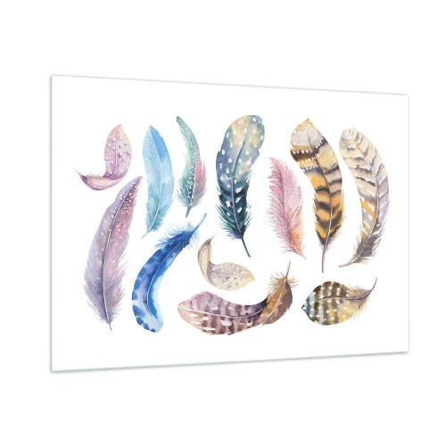 Obraz na szkle - Kolorowe pióra w artystycznym stylu na białym tle - 100x70cm - Lekkie, pstrokate i wielobarwne - Nowoczesna dekoracja ścienna do salonu, kuchni i sypialni ARTTOR
