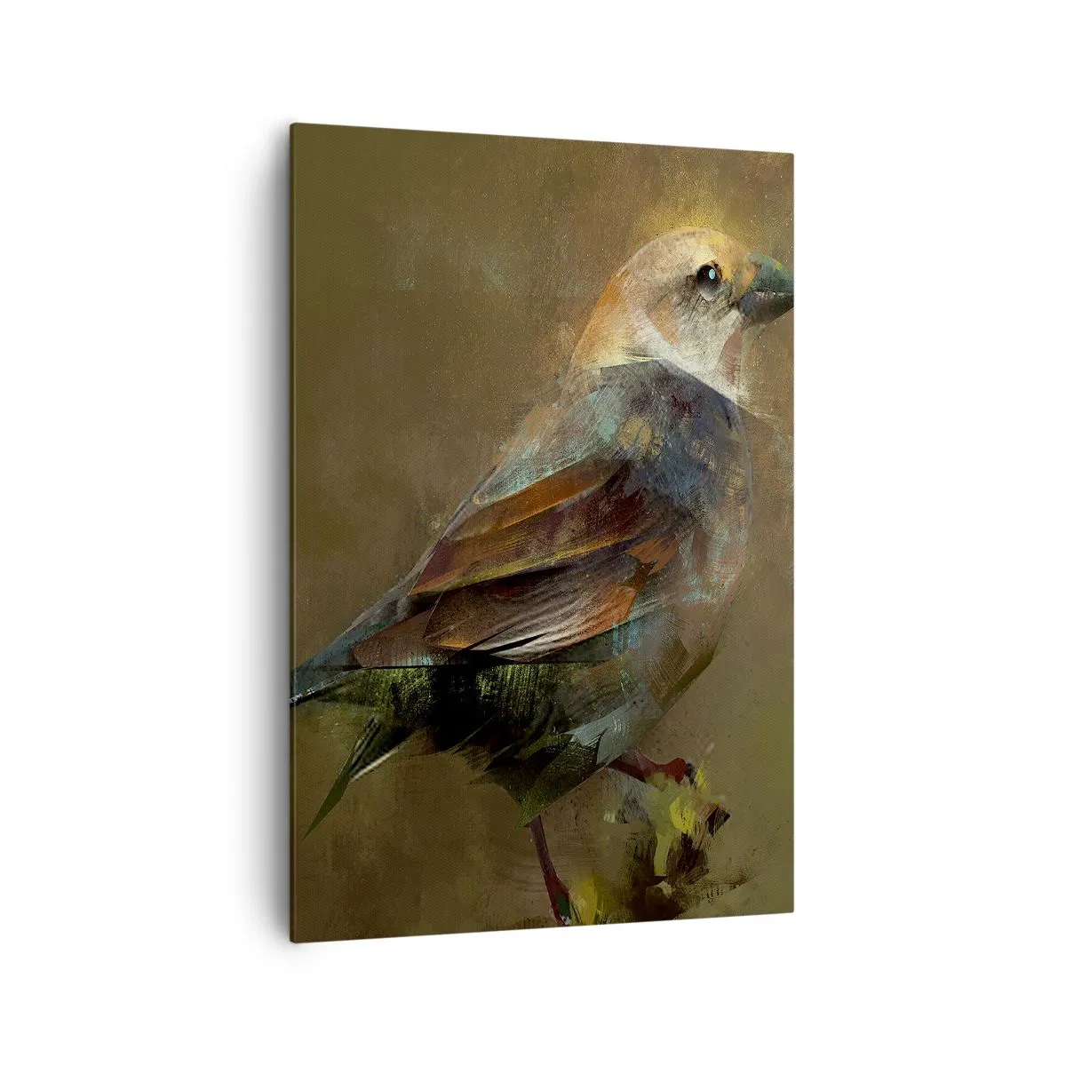 Obraz na płótnie - Wróbel w artystycznej interpretacji na tle brązowym - 70x100cm - Wróbelek, ptaszyna niewielka - Nowoczesna dekoracja ścienna do salonu i sypialni ARTTOR