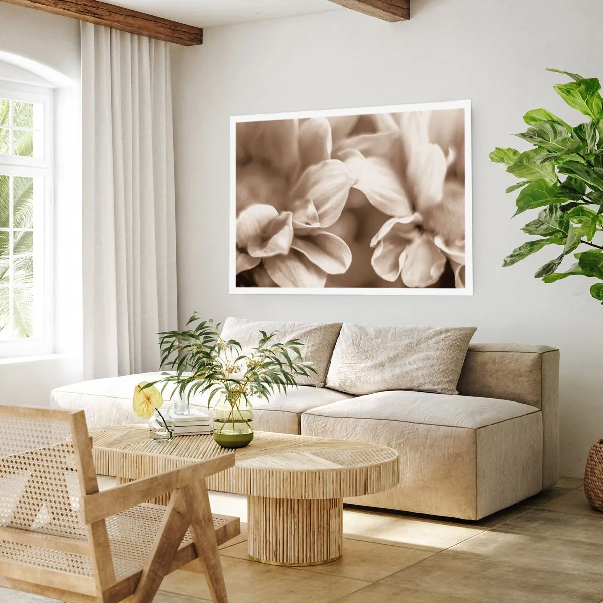 Plakat - Zbliżenie kwiatów w delikatnej sepii o miękkich konturach - 100x70cm - Łagodne jak uśmiech - Nowoczesna dekoracja ścienna do salonu i sypialni ARTTOR