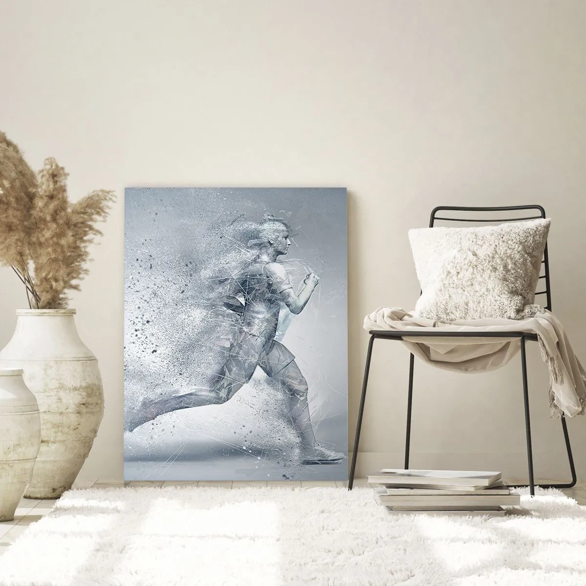Obraz na szkle - Sylwetka biegnącej postaci w abstrakcyjnej formie - 50x70cm - Energia krystalicznie czysta - Nowoczesna dekoracja ścienna do salonu, kuchni i sypialni ARTTOR