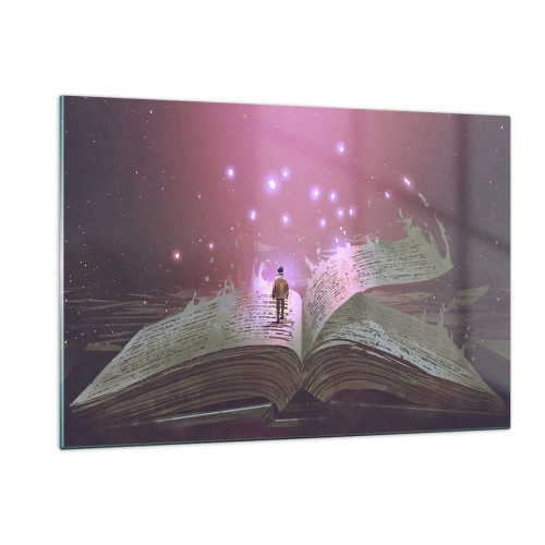 Obraz na szkle - Otwartą księgę, z której unosi się magiczne światło i gwiazdy - 120x80cm - Zaproszenie do innego świata - przeczytaj! - Nowoczesna dekoracja ścienna do salonu, kuchni i sypialni ARTTOR