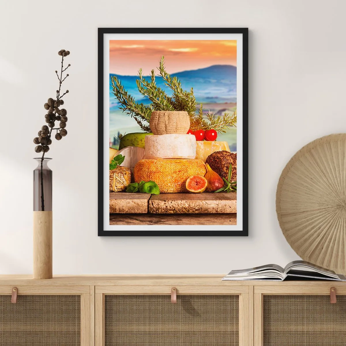 Plakat w czarnej ramie - Rustykalny stos serów na tle krajobrazu - 50x70cm - Włoska radość życia - Nowoczesna dekoracja ścienna do salonu i sypialni ARTTOR