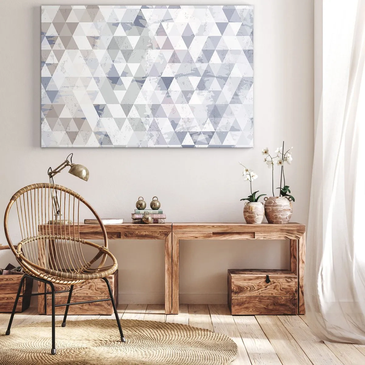 Obraz na płótnie - Geometryczny wzór z trójkątów w pastelowych odcieniach - 70x50cm - W rytmie na trzy - Nowoczesna dekoracja ścienna do salonu i sypialni ARTTOR
