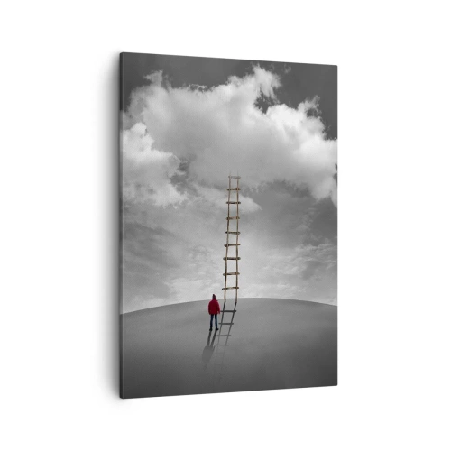 Obraz na płótnie - Mężczyzna w czerwonej kurtce patrzy na drabinę sięgającą chmur na pustej, piaszczystej przestrzeni - 50x70cm - Wszystko możliwe - Nowoczesna dekoracja ścienna do salonu, kuchni i sypialni ARTTOR