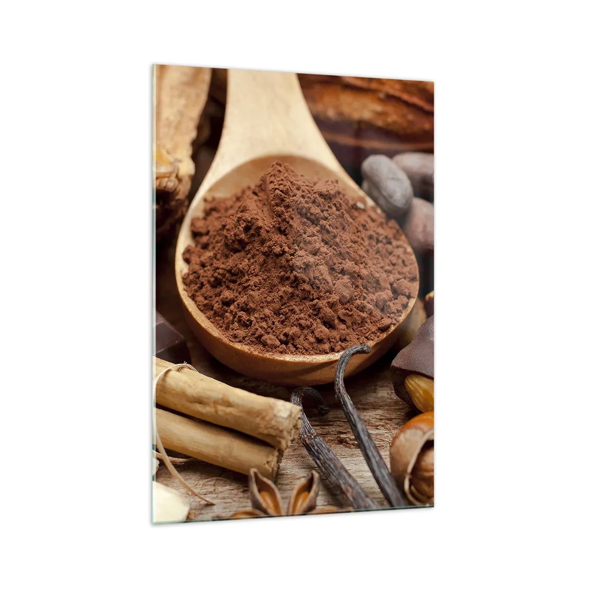 Obraz na szkle - Łyżka kakao i składniki czekoladowe w rustykalnej aranżacji - 70x100cm - Najlepsza na smutki - Nowoczesna dekoracja ścienna do salonu i sypialni ARTTOR