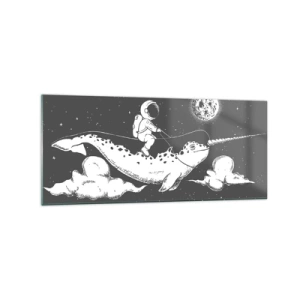 Obraz na szkle - Astronauta na grzbiecie narwala unoszącego się w kosmicznej scenerii - 120x50cm - Kosmiczny jeździec - Nowoczesna dekoracja ścienna do salonu i sypialni ARTTOR