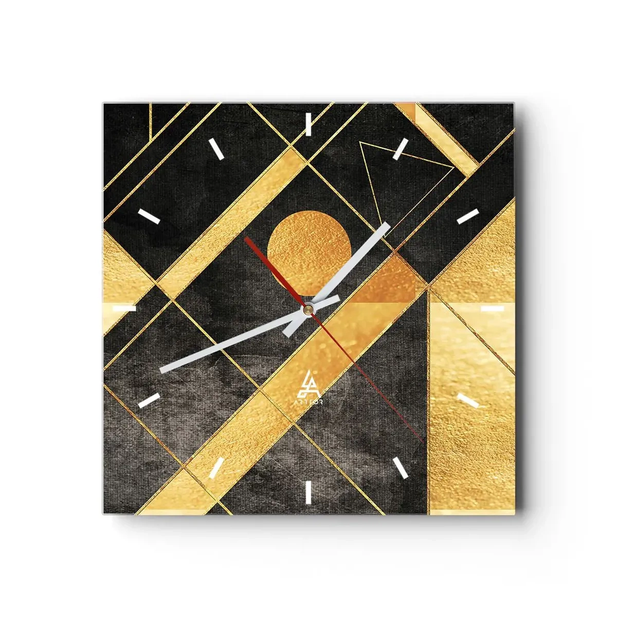Zegar ścienny - Geometryczne kształty w złotych i czarnych tonacjach - 30x30cm - Słońce pustyni - Nowoczesna dekoracja ścienna do salonu i sypialni ARTTOR
