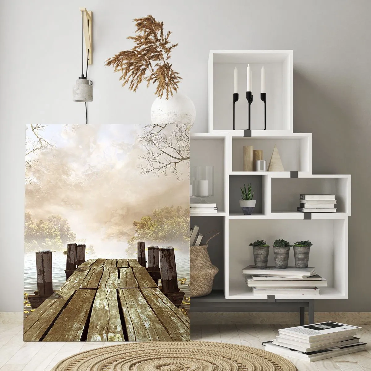 Obraz na szkle - Drewniany pomost nad spokojnym jeziorem we mgle - 50x70cm - Łagodny smutek jesieni - Nowoczesna dekoracja ścienna do salonu, kuchni i sypialni ARTTOR