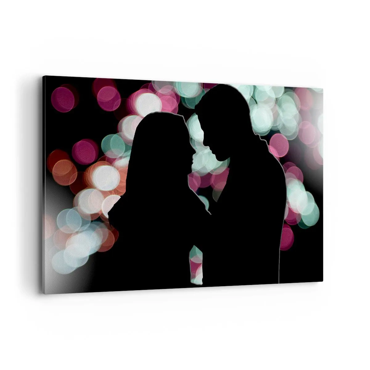 Obraz na płótnie - Sylwetki pary na tle kolorowych świateł bokeh - 120x80cm - Tak! - Nowoczesna dekoracja ścienna do salonu, kuchni i sypialni ARTTOR