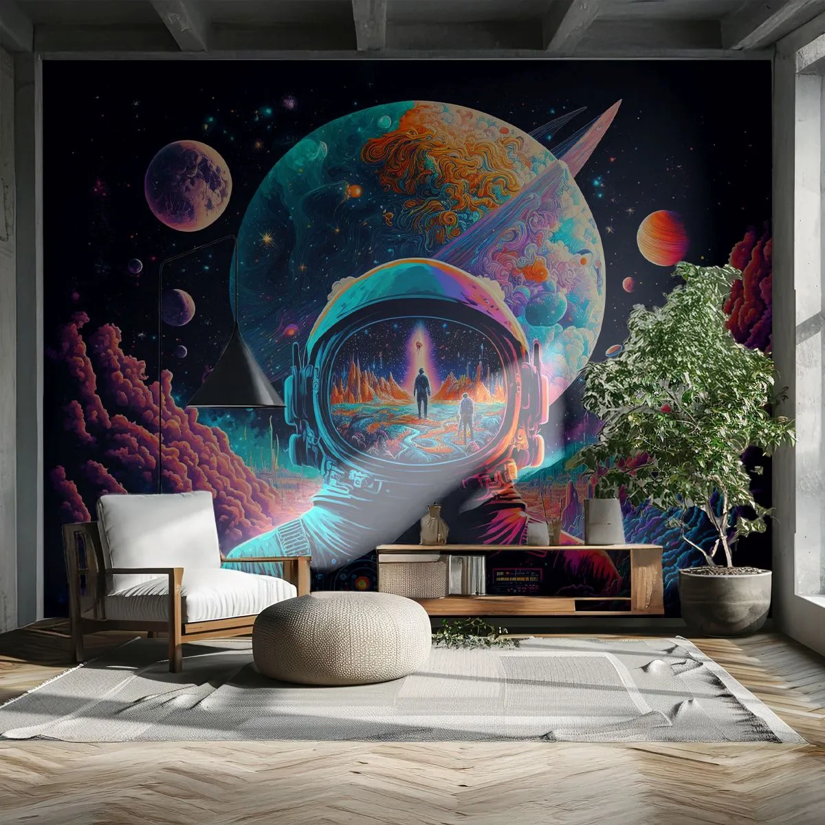 Fototapeta Premium Sand - Astronauta w kosmosie z odbiciem surrealistycznego krajobrazu w wizjerze - 100x70cm - Filozofom się nie śniło - Nowoczesna dekoracja ścienna do salonu, kuchni i sypialni ARTTOR