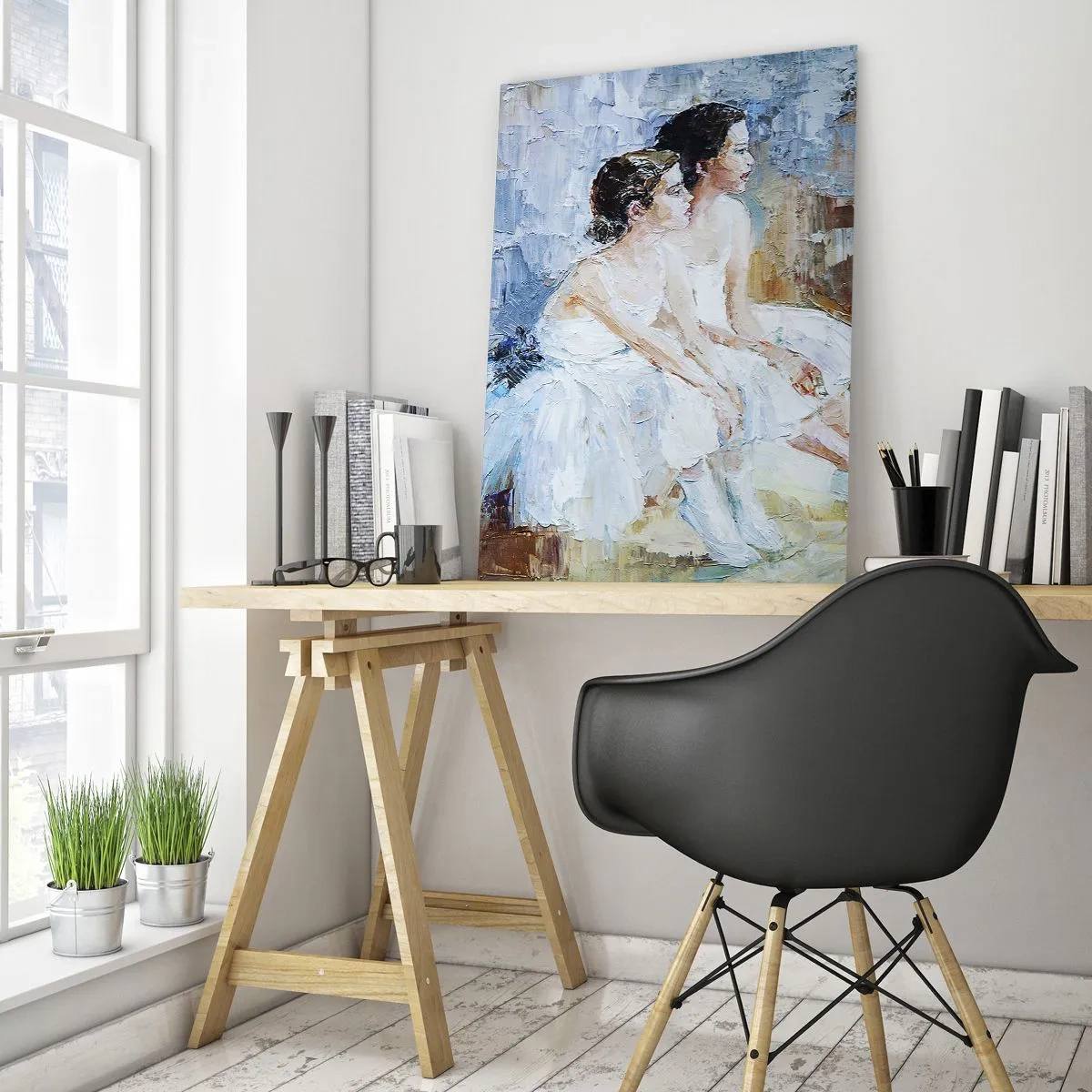 Obraz na szkle - Dwie baletnice w białych sukniach na tle impresjonistycznym - 50x70cm - Odpoczynek młodych łabędzi - Nowoczesna dekoracja ścienna do salonu, kuchni i sypialni ARTTOR