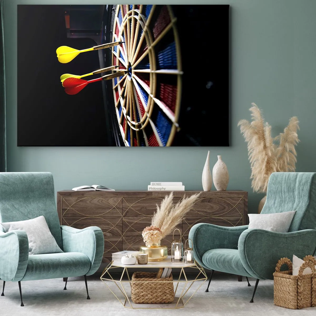 Obraz na płótnie - Tarcza do darta z trafionymi lotkami na czarnym tle - 100x70cm - W samo sedno - Nowoczesna dekoracja ścienna do salonu, kuchni i sypialni ARTTOR