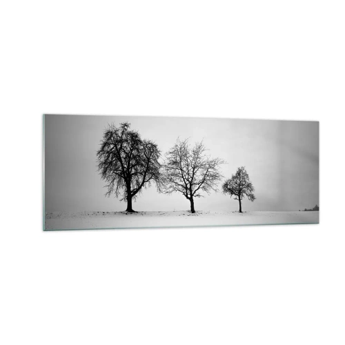 Obraz na szkle - Trzy drzewa na zaśnieżonym polu w monochromatycznym stylu - 140x50cm - O czym śnią? - Nowoczesna dekoracja ścienna do salonu i sypialni ARTTOR