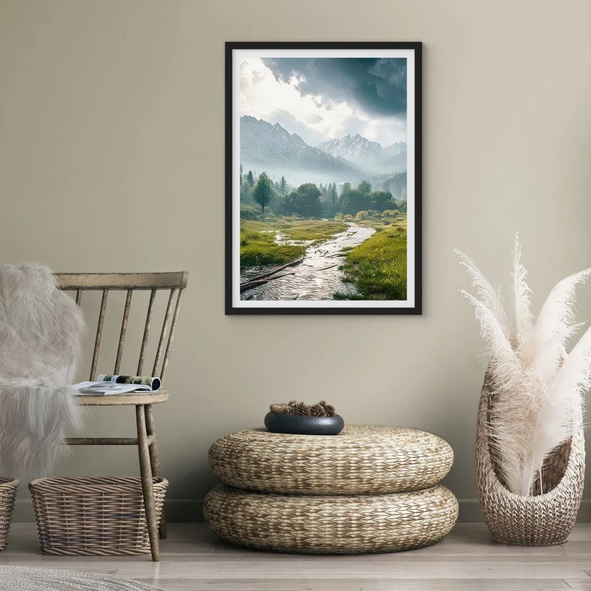 Plakat w czarnej ramie - Górska dolina z rzeką i majestatycznymi górami w tle - 50x70cm - Tam i z powrotem - Nowoczesna dekoracja ścienna do salonu i sypialni ARTTOR