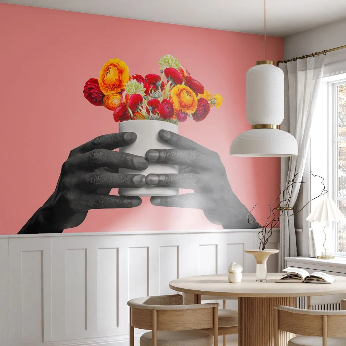 Fototapeta Standard Eco - Czarno-białe dłonie trzymające kolorowy bukiet kwiatów - 100x70cm - Apoteoza życia - Nowoczesna dekoracja ścienna do salonu i sypialni ARTTOR