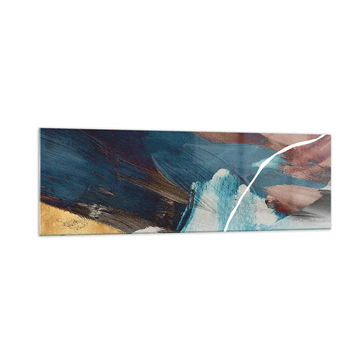 Obraz na szkle - Abstrakcyjne pociągnięcia pędzla w odcieniach niebieskiego i złota - 160x50cm - Z rozmachem i energicznie - Nowoczesna dekoracja ścienna do salonu i sypialni ARTTOR