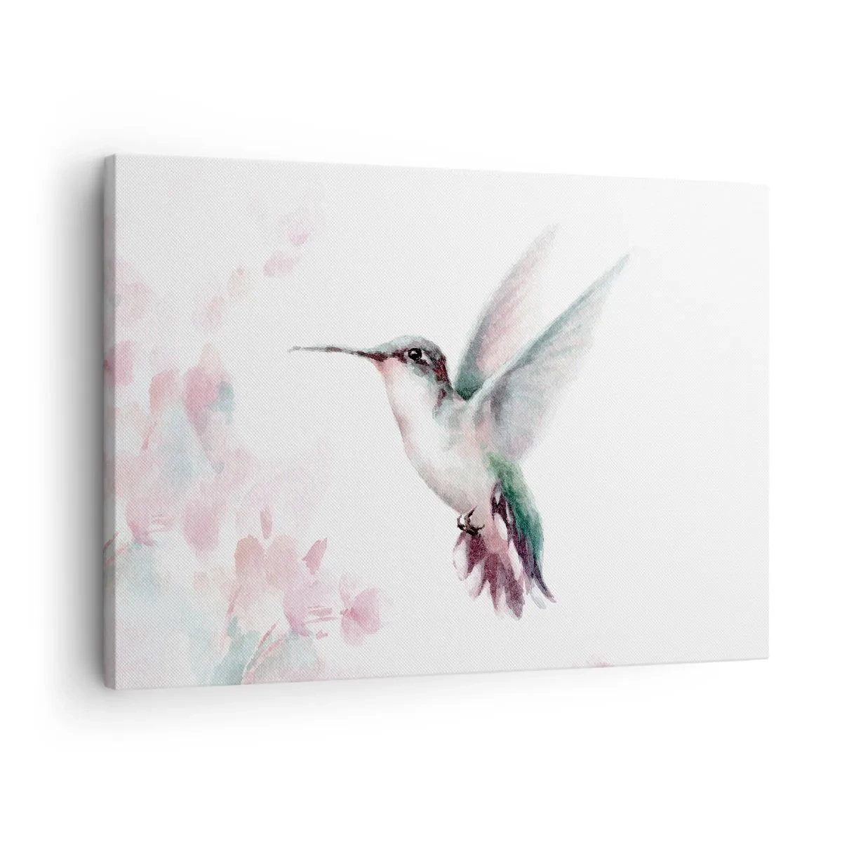 Obraz na płótnie - Koliber w delikatnych pastelowych barwach na tle kwiatów - 70x50cm - Zatrzymany w trzepocie - Nowoczesna dekoracja ścienna do salonu i sypialni ARTTOR