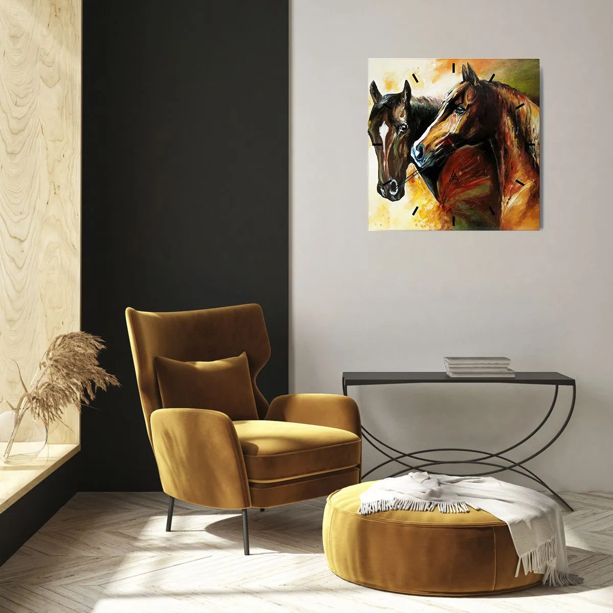 Zegar ścienny - Para koni w malarskiej kompozycji - 30x30cm - Dwa razy więcej wdzięku - Nowoczesna dekoracja ścienna do salonu i sypialni ARTTOR