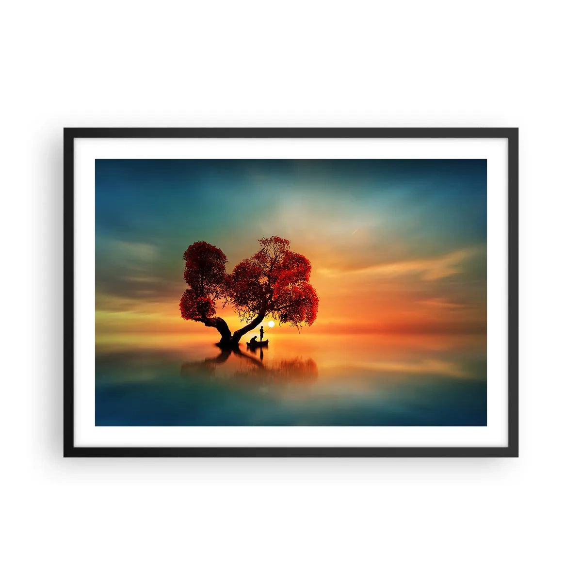 Plakat w czarnej ramie - Drzewo o czerwonych liściach i łódź na wodzie o zachodzie słońca - 70x50cm - Oddaleńcy i ciszyzna bezświata - Nowoczesna dekoracja ścienna do salonu i sypialni ARTTOR