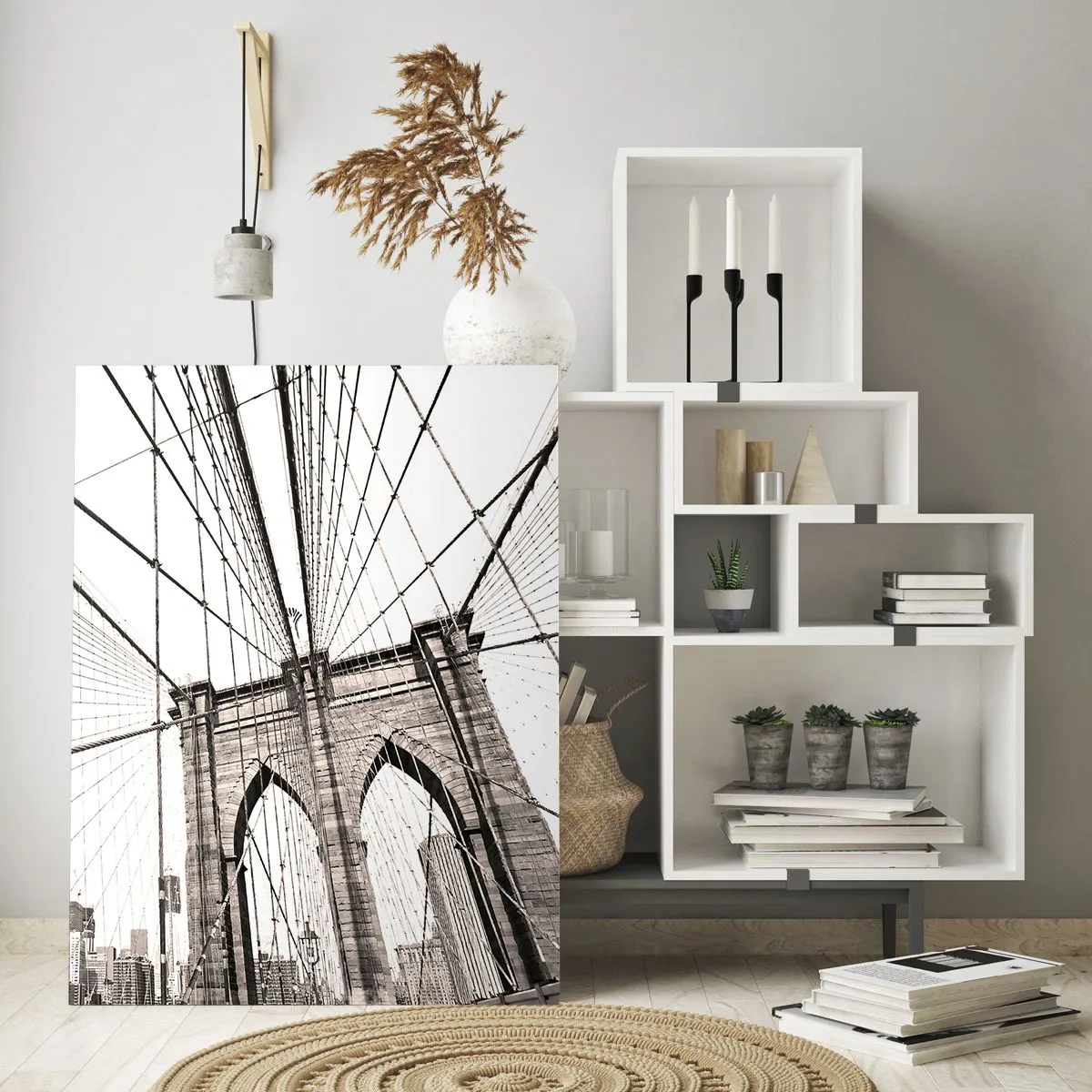 Obraz na szkle - Most wiszący z panoramą miasta w tle w sepii - 50x70cm - Nowojorska katedra - Nowoczesna dekoracja ścienna do salonu, kuchni i sypialni ARTTOR