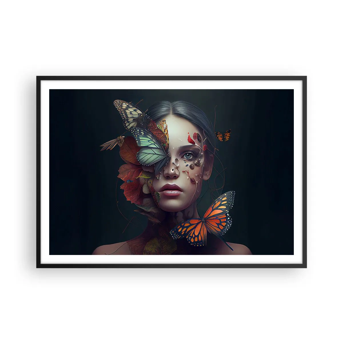 Plakat w czarnej ramie - Portret kobiety z motylami i elementami roślinnymi - 100x70cm - Cudowna metamorfoza - Nowoczesna dekoracja ścienna do salonu i sypialni ARTTOR