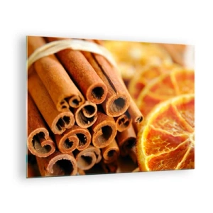 Obraz na szkle - Laski cynamonu i suszone plastry pomarańczy w zbliżeniu - 70x50cm - Czujesz ich aromat? - Nowoczesna dekoracja ścienna do salonu i sypialni ARTTOR