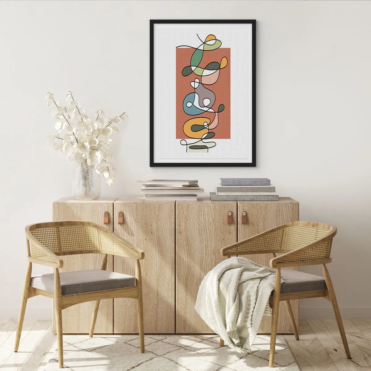 Plakat w czarnej ramie - Abstrakcyjna geometryczna kompozycja z organicznymi liniami - 50x70cm - Abstrakcja: kolorowy pląs - Nowoczesna dekoracja ścienna do salonu i sypialni ARTTOR