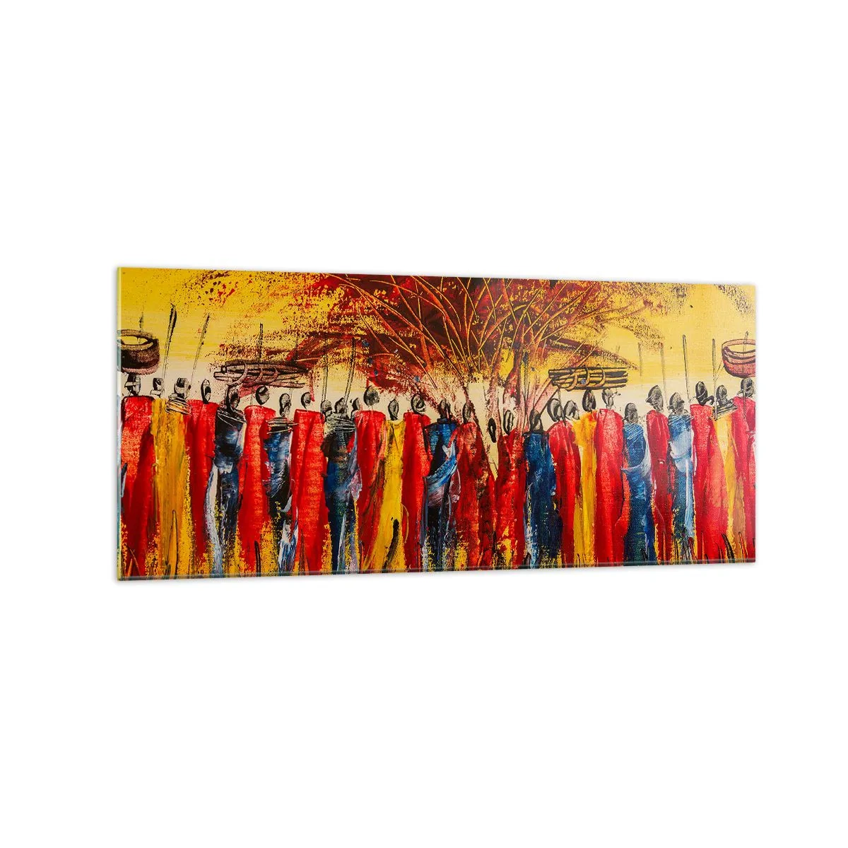 Obraz na szkle - Kolorowa scena z afrykańskimi postaciami na tle zachodzącego słońca - 120x50cm - Tam, tam, tam tam idą - Nowoczesna dekoracja ścienna do salonu i sypialni ARTTOR