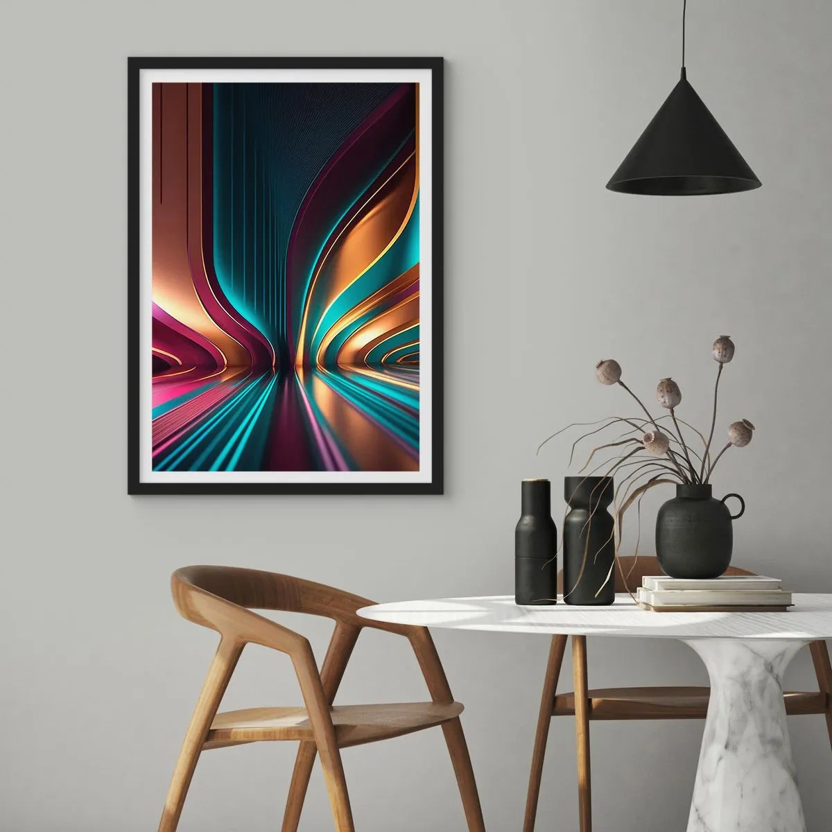 Plakat w czarnej ramie - Futurystyczna abstrakcja w złoto-turkusowych barwach - 50x70cm - Architektura światła - Nowoczesna dekoracja ścienna do salonu i sypialni ARTTOR
