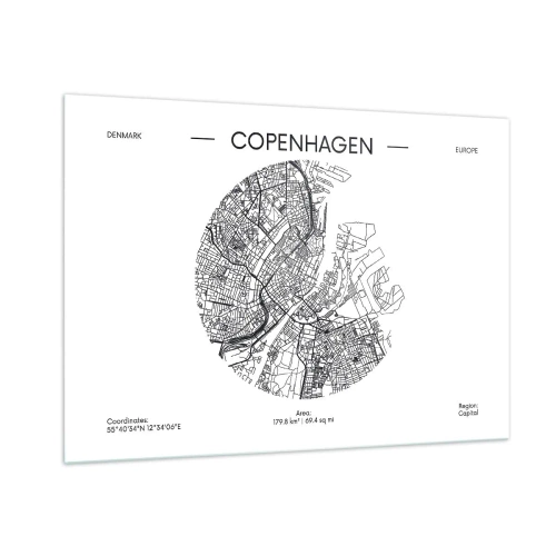 Obraz na szkle - Mapa Kopenhagi w formie graficznego szkicu ulicznego - 100x70cm - Anatomia Kopenhagi - Nowoczesna dekoracja ścienna do salonu, kuchni i sypialni ARTTOR