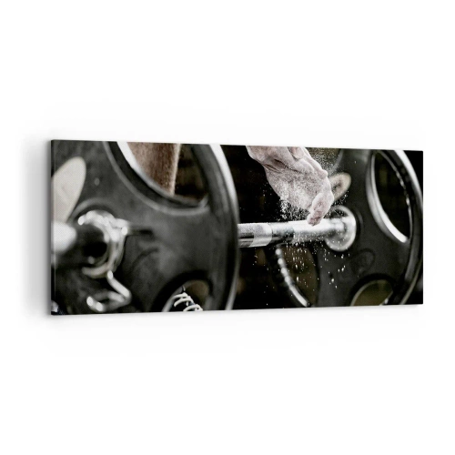 Obraz na płótnie - Hantle i ręce sportowca przygotowujące się do treningu - 120x50cm - Wyzwanie podjęte! - Nowoczesna dekoracja ścienna do salonu i sypialni ARTTOR