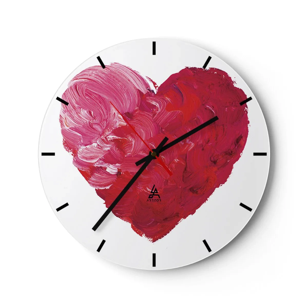 Zegar ścienny - Malowane serce w odcieniach czerwieni i różu - 30x30cm - All you need is love - Nowoczesna dekoracja ścienna do salonu, kuchni i sypialni ARTTOR