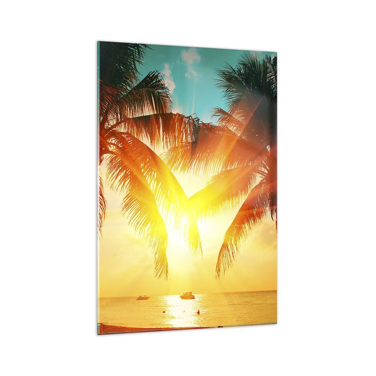 Obraz na szkle - Palmy oświetlone ciepłym światłem zachodzącego słońca - 70x100cm - Egzotyczna para - Nowoczesna dekoracja ścienna do salonu i sypialni ARTTOR