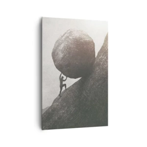 Obraz na płótnie - Człowiek wspinający się z ogromnym głazem pod górę - 80x120cm - Wierzę wbrew nadziei - Nowoczesna dekoracja ścienna do salonu i sypialni ARTTOR