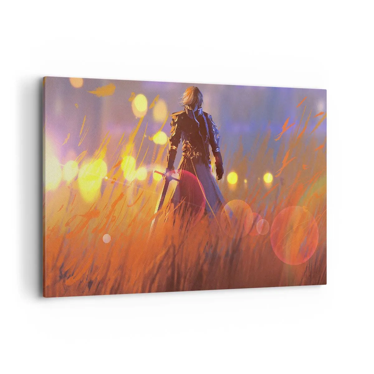 Obraz na płótnie - Postać rycerza w świetle zachodzącego słońca w polu - 120x80cm - Błędny rycerz - Nowoczesna dekoracja ścienna do salonu, kuchni i sypialni ARTTOR