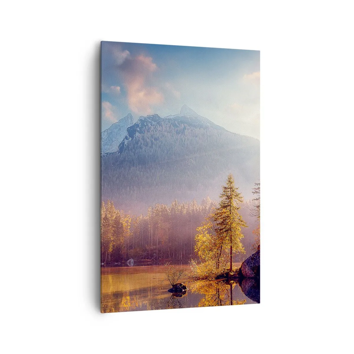 Obraz na płótnie - Malowniczy widok na górski las i jezioro o świcie - 80x120cm - W górach i dolinach - Nowoczesna dekoracja ścienna do salonu i sypialni ARTTOR