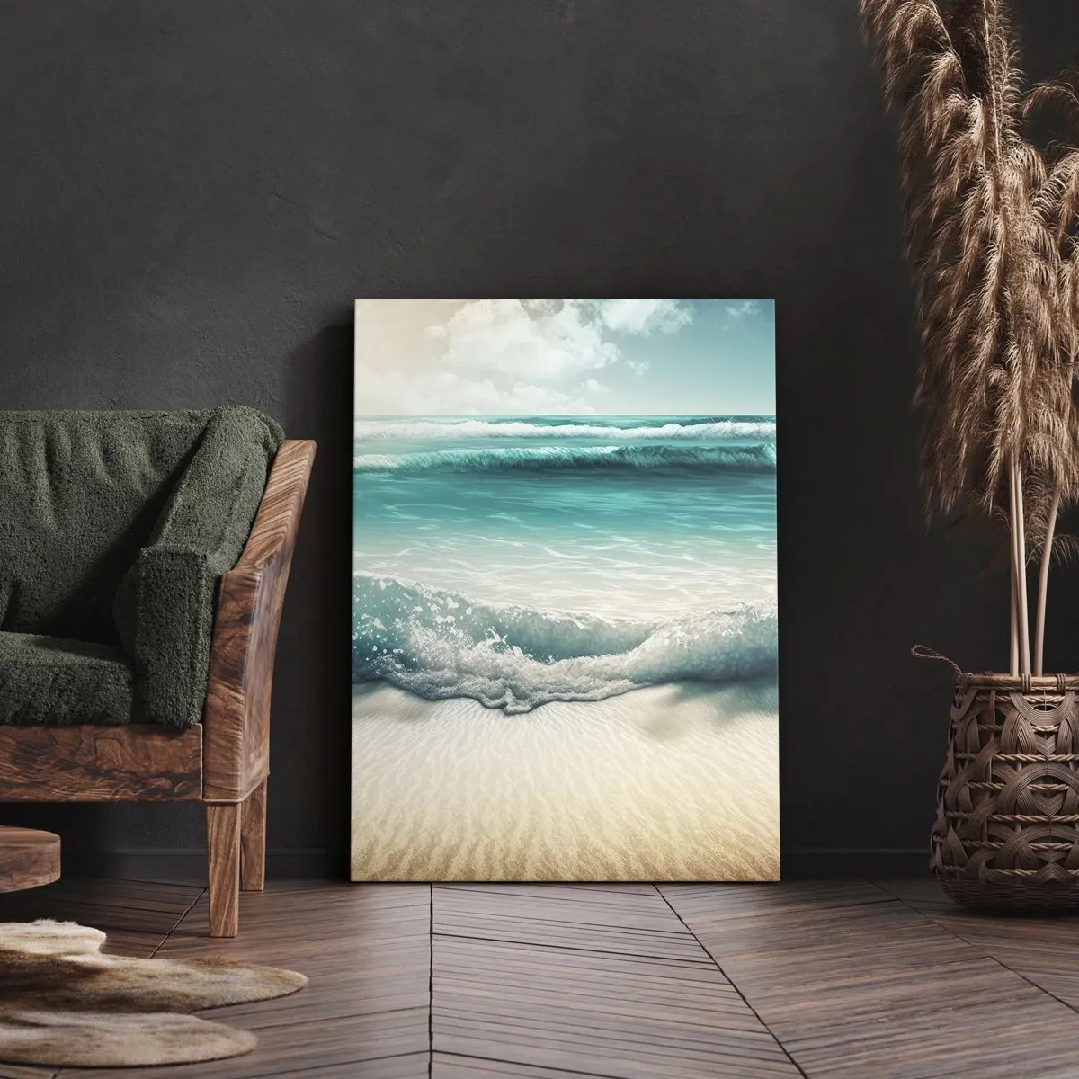 Obraz na płótnie - Turkusowe fale delikatnie obmywające piaszczystą plażę pod błękitnym niebem - 50x70cm - Spokój oceanu - Nowoczesna dekoracja ścienna do salonu, kuchni i sypialni ARTTOR