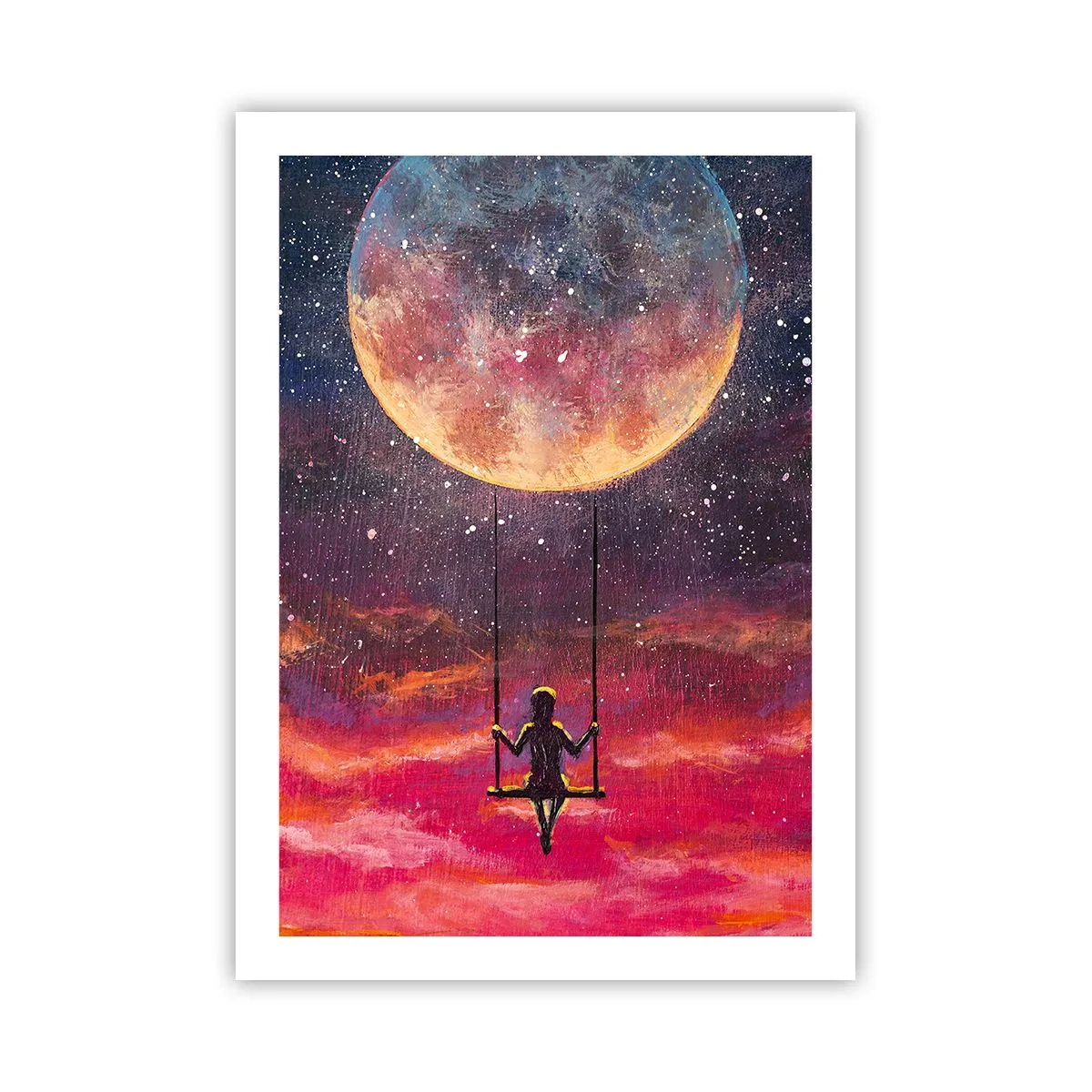 Plakat - Dziewczyna na huśtawce pod pełnią księżyca - 50x70cm - Bujać w obłokach - Nowoczesna dekoracja ścienna do salonu, kuchni i sypialni ARTTOR