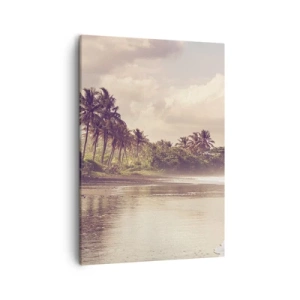 Obraz na płótnie - Tropikalna plaża z palmami i spokojnym morzem o wschodzie słońca - 50x70cm - Pieszczota fal - Nowoczesna dekoracja ścienna do salonu, kuchni i sypialni ARTTOR