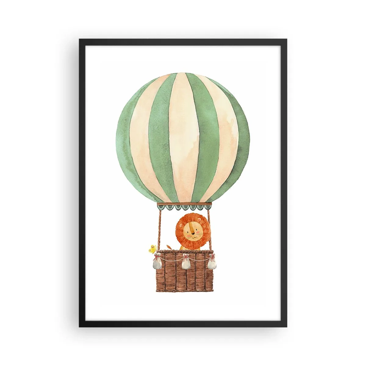 Plakat w czarnej ramie - Urocza akwarelowa ilustracja lwa podróżującego w balonie na białym tle - 50x70cm - Podróże Leona - Nowoczesna dekoracja ścienna do salonu i sypialni ARTTOR