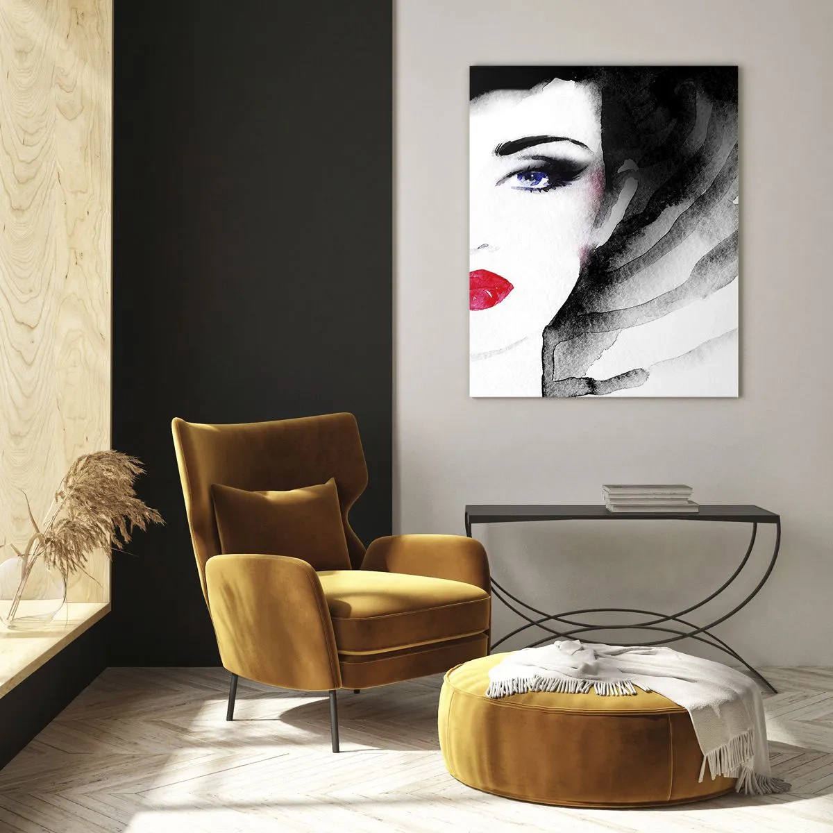 Obraz na szkle - Portret kobiety z wyrazistymi czerwonymi ustami i czarnym kapeluszem - 50x70cm - Odpycha i przyzywa - Nowoczesna dekoracja ścienna do salonu, kuchni i sypialni ARTTOR