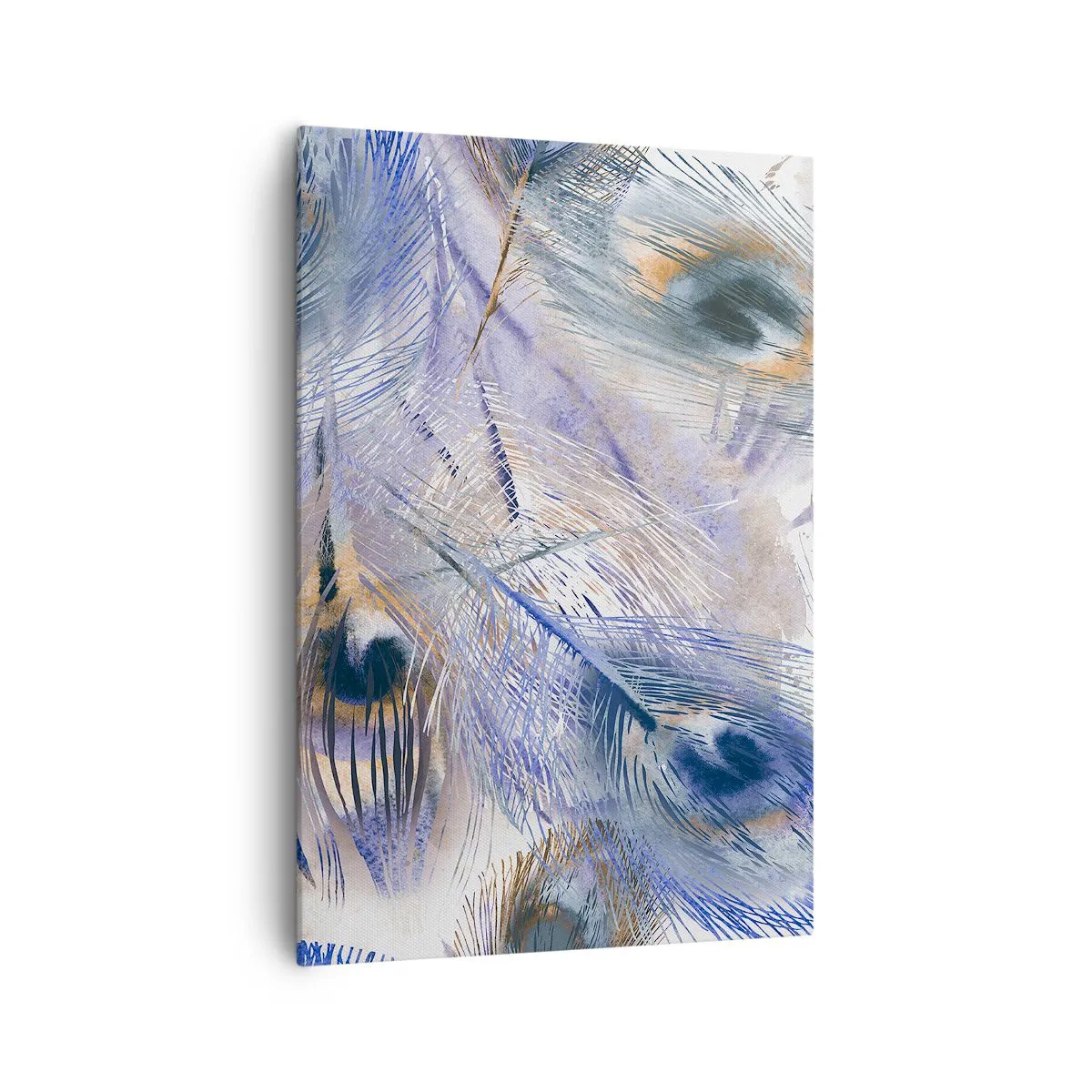 Obraz na płótnie - Wzór z piórami pawia w odcieniach błękitu i złota - 70x100cm - Pawiooka kompozycja - Nowoczesna dekoracja ścienna do salonu i sypialni ARTTOR