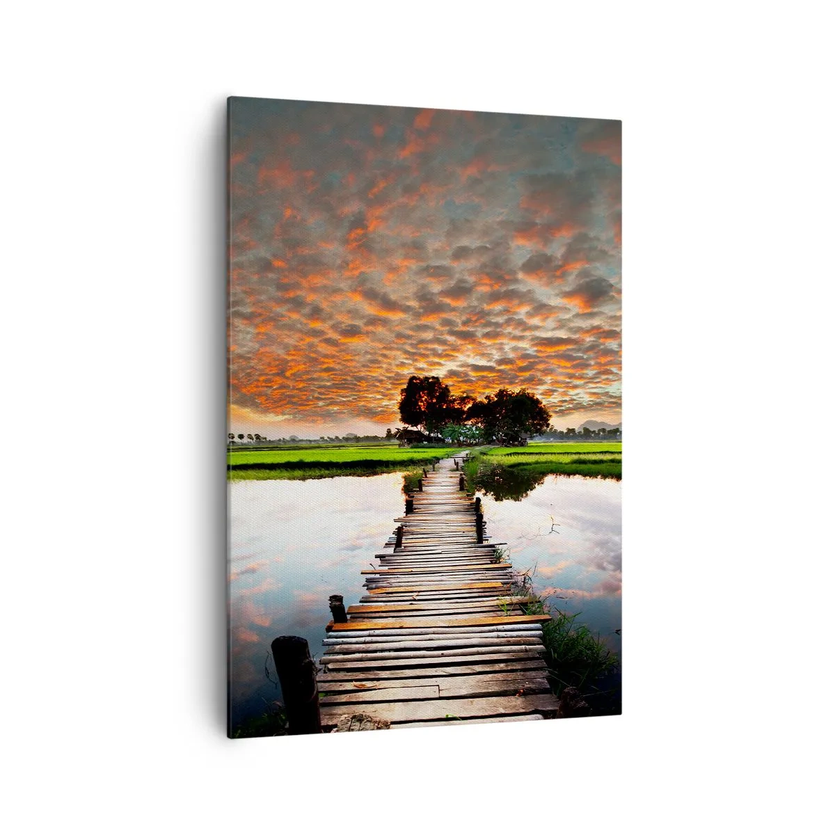 Obraz na płótnie - Drewniany mostek nad wodą o zachodzie słońca - 70x100cm - Rozłóż ramiona - oddychaj  - Nowoczesna dekoracja ścienna do salonu i sypialni ARTTOR