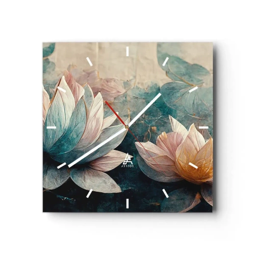 Zegar ścienny - Subtelne lilie wodne w pastelowych odcieniach błękitu i złota - 30x30cm - Gwiazdy jeziora - Nowoczesna dekoracja ścienna do salonu i sypialni ARTTOR