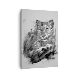 Obraz na płótnie - Czarno-biały portret lwa w artystycznym stylu z dynamicznymi pociągnięciami - 70x100cm - Tak, słucham uważnie - Nowoczesna dekoracja ścienna do salonu i sypialni ARTTOR