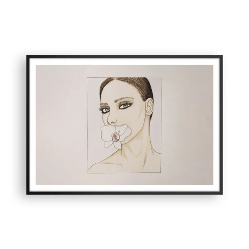 Plakat w czarnej ramie - Portret kobiety z orchideą w delikatnych barwach - 100x70cm - Symbol elegancji i piękna - Nowoczesna dekoracja ścienna do salonu i sypialni ARTTOR