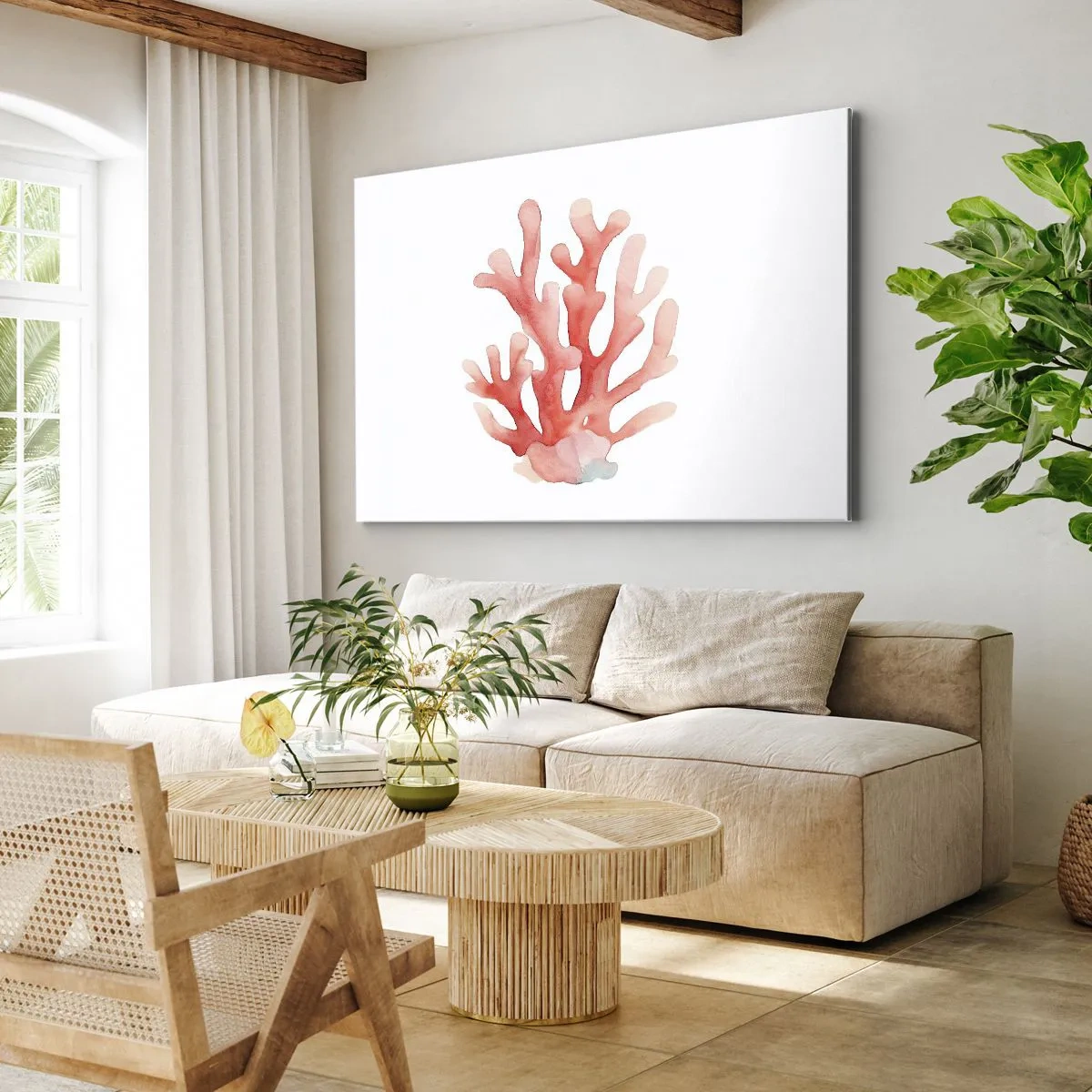 Obraz na płótnie - Subtelna ilustracja korala w pastelowych odcieniach - 70x50cm - Koral koloru koralowego - Nowoczesna dekoracja ścienna do salonu i sypialni ARTTOR